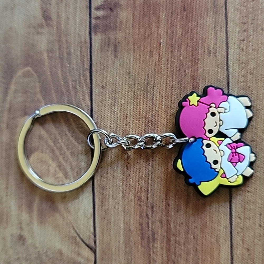 Little Twin Stars Character Silicon Accessory Keychain on Silver Toned Key Ring